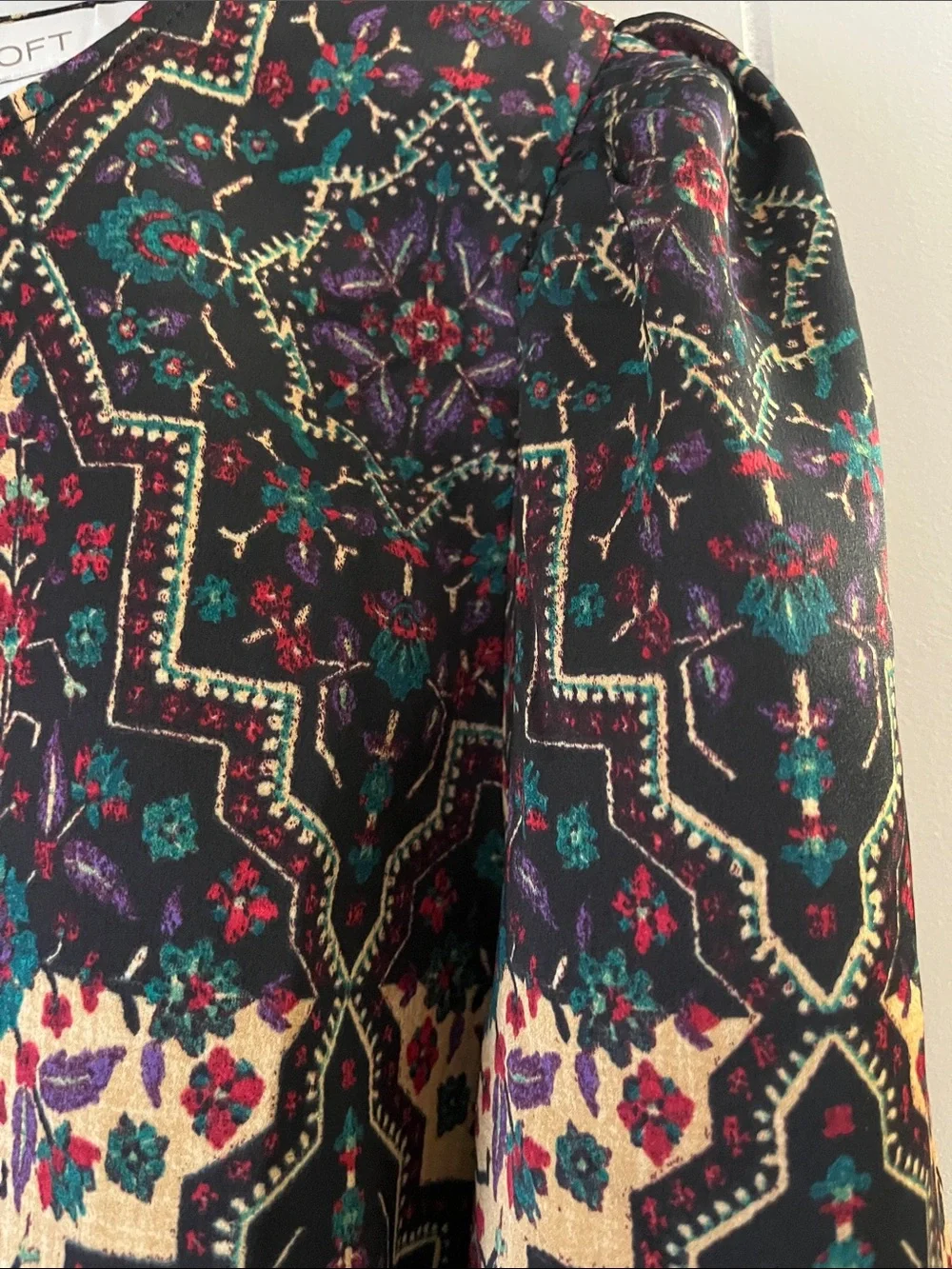 LOFT Black and Cream Geometric Floral Long-Sleeve Blouse
